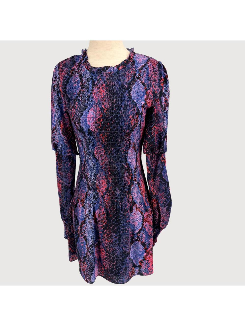 Parker Snake Print Smocked Mini Dress Long Sleeve Purple XS